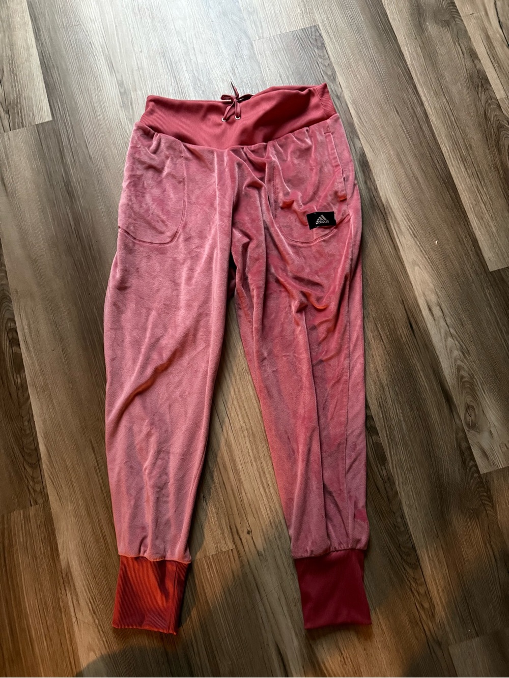 adidas women’s Pink Velour Joggers with Ribbed Cuffs